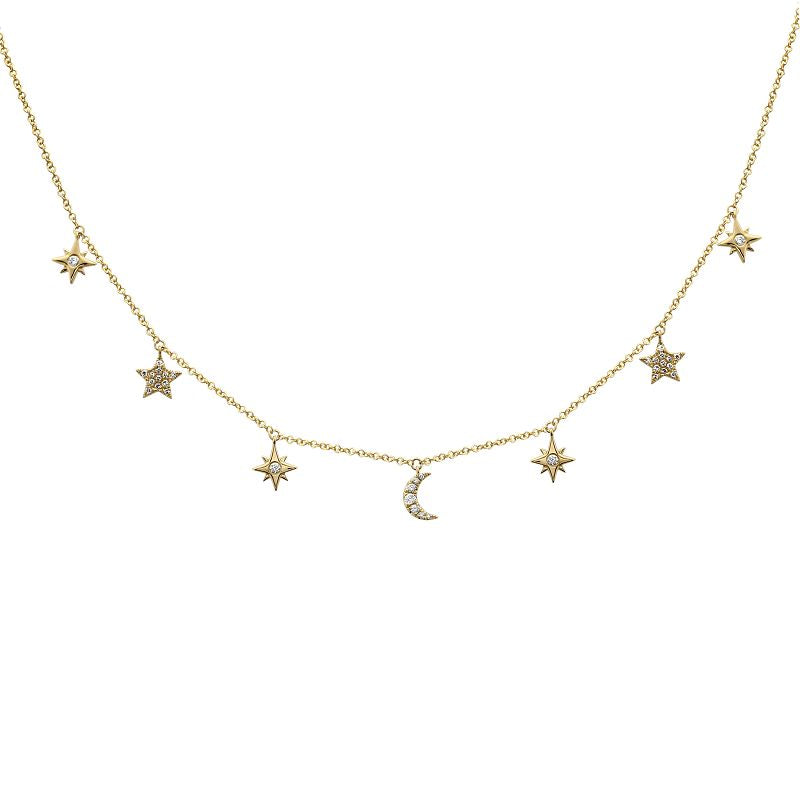 This necklace features pave set diamonds set in star and moon dangles.