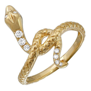 This snake ring features round brilliant cut diamonds that total .1...