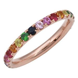 This rainbow ring features multicolored gemstones going all the way...