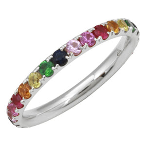 This rainbow ring features multicolored gemstones going all the way...