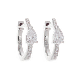 small huggy hoops with pear shaped center diamond and surround diam...