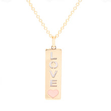 vertical 14k yellow gold pendant featuring a pink heart inlay and '...