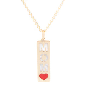 vertical 14k yellow gold pendant with red enamel heart and MOM set ...