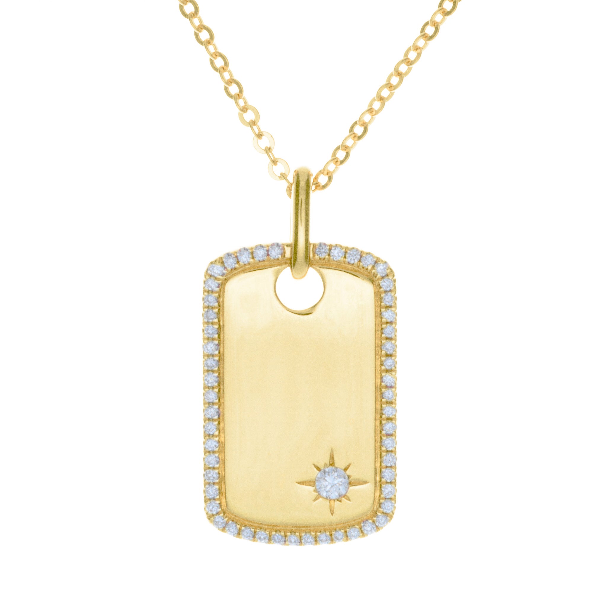 14K Yellow Gold ID Dog Tag Pendant Hollow Chain Necklace