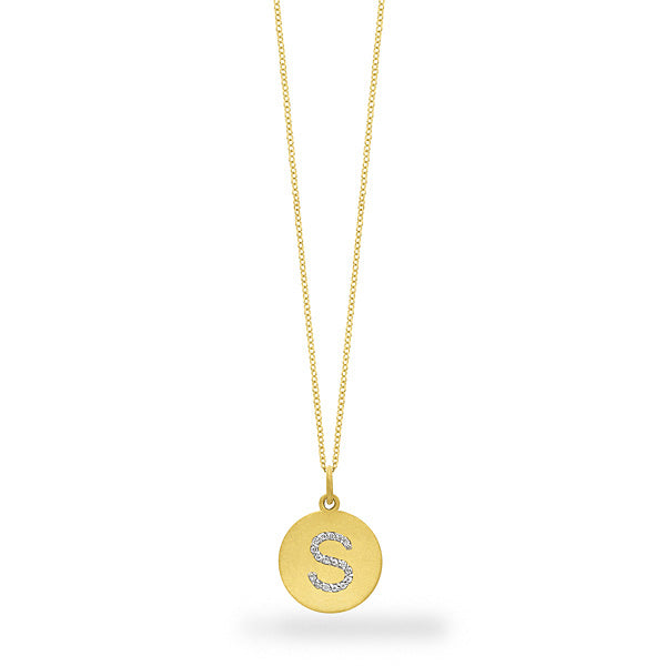This disc initial necklace features a diamond S that totals .09cts.