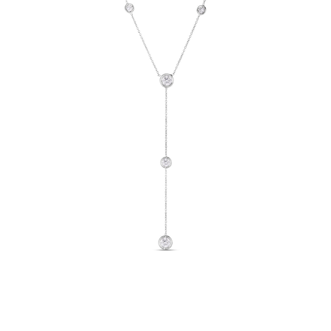 18k white gold necklace with 5 bezel set diamonds totaling .70ct