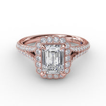 Fana Vintage Emerald Cut Diamond Halo Engagement Ring With Split Shank