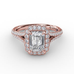 Fana Vintage Emerald Cut Diamond Halo Engagement Ring With Split Shank