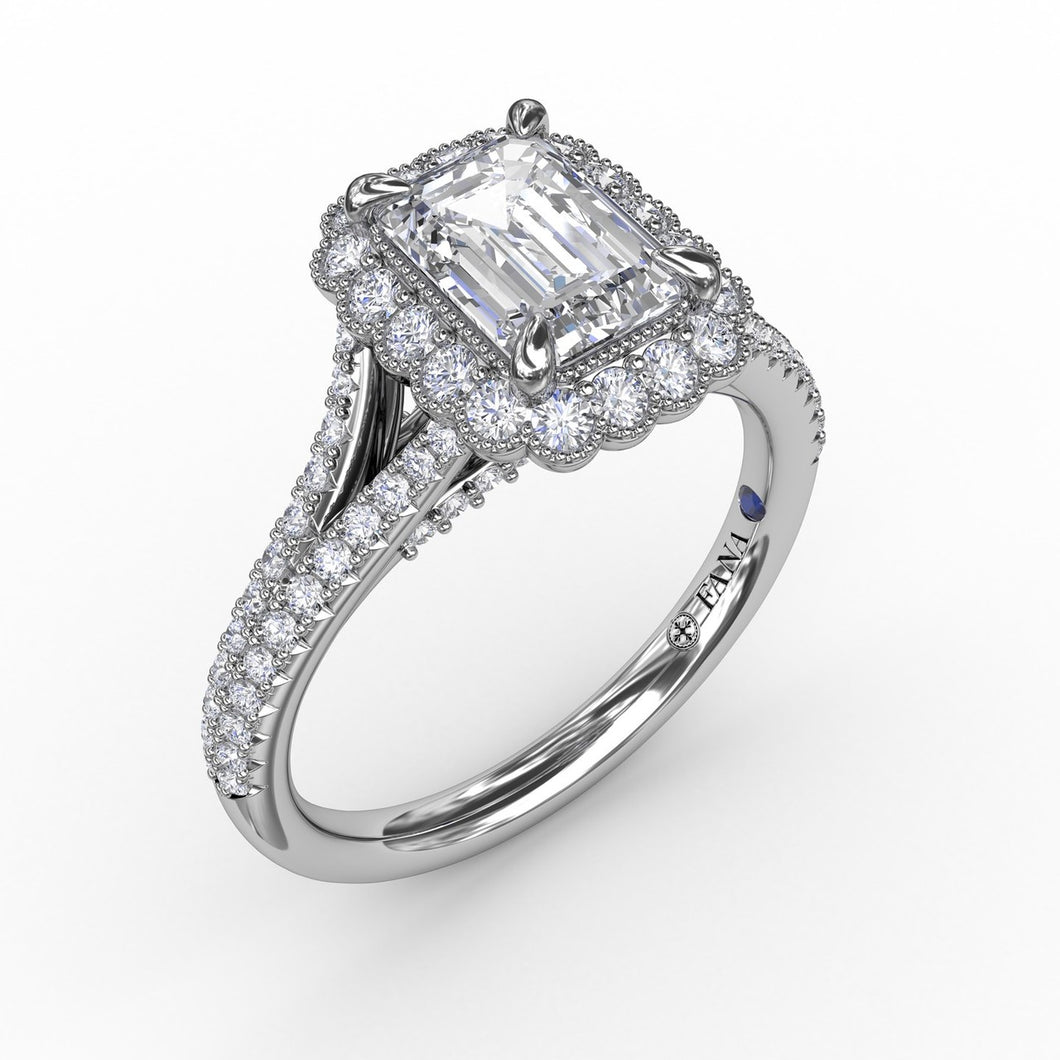 Fana Vintage Emerald Cut Diamond Halo Engagement Ring With Split Shank