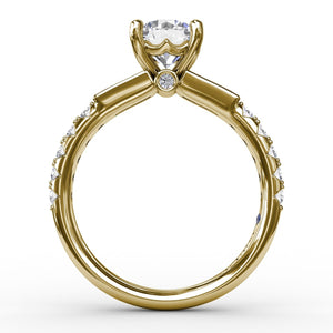 Fana Three-Stone Round Diamond Engagement Ring With Bezel-Set Baguettes and Diamond Band