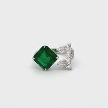 18k White Gold Shield Cut Diamond & Emerald Bypass Ring