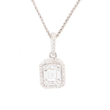 This pendant features 5 baguette diamonds totaling .28ct, and 34 ro...