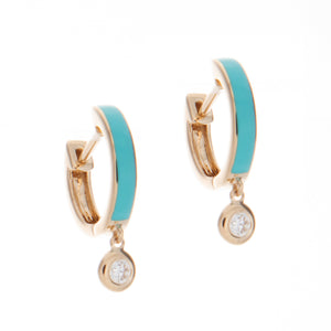 14k yellow gold huggy hoops with enameled turquoise and bezel set d...