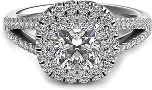 Double Row Cushion Halo Split Shank Engagement Ring