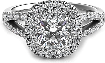 Double Row Cushion Halo Split Shank Engagement Ring