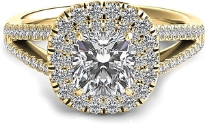Double Row Cushion Halo Split Shank Engagement Ring