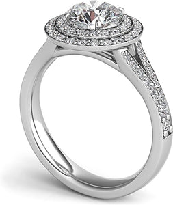 Double Row Round Halo Split Shank Engagement Ring