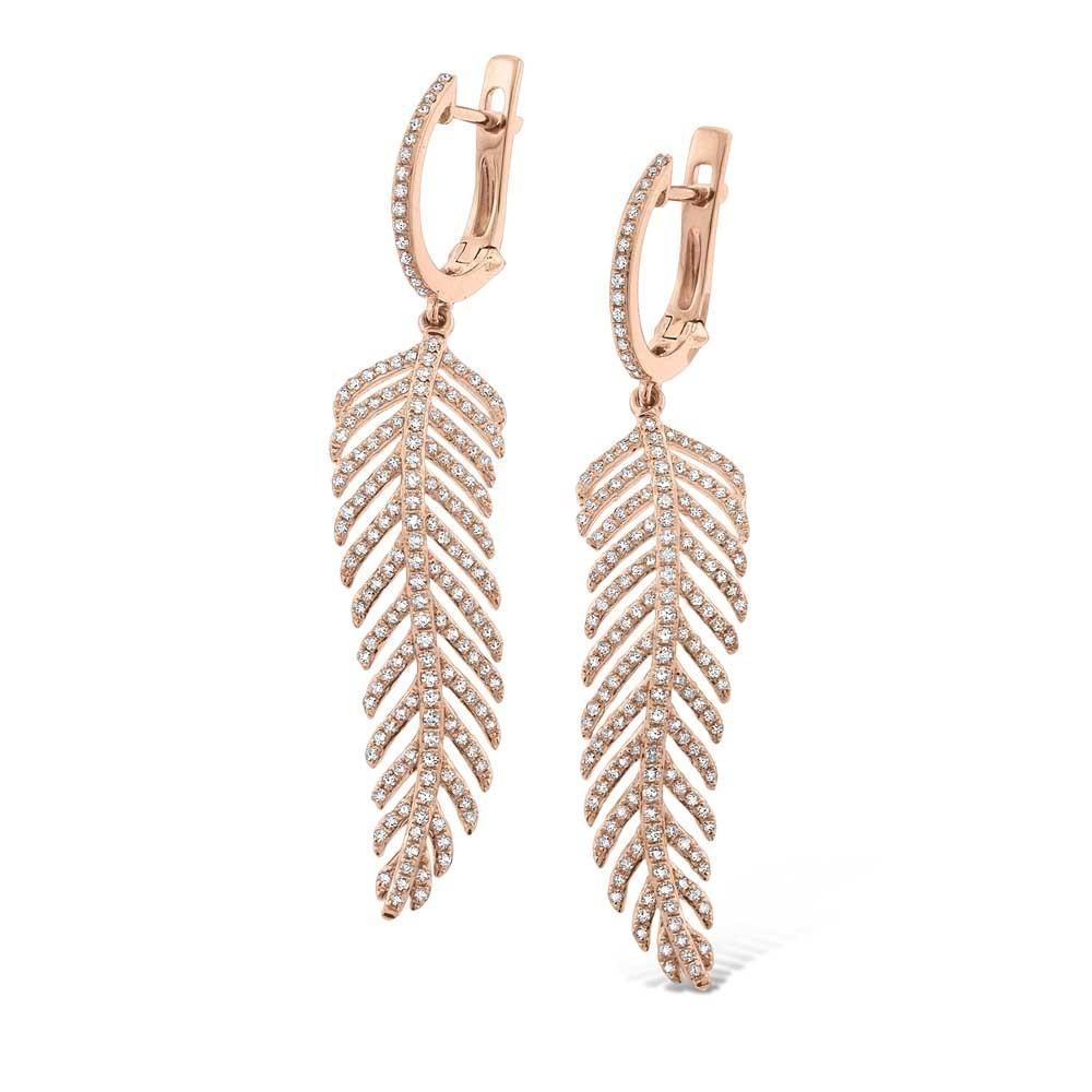 Diamond Large Feather Drop Earrings in 14K Rose Gold with 336 Diamo...