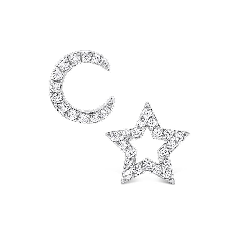 Diamond Moon And Star Earrings in 14K White Gold with 32 Diamonds W...