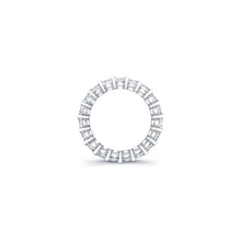 
Radiant cut diamonds are set in a continuous circle using shared p...
