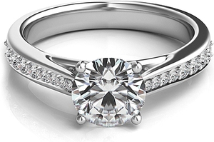 Graduated round brilliant cut side diamonds are pave-set and will p...