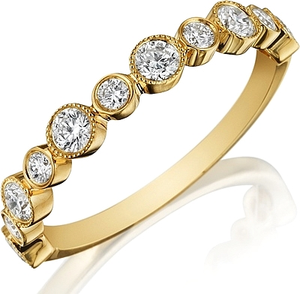 This Henri Daussi wedding band features bezel set round brilliant c...