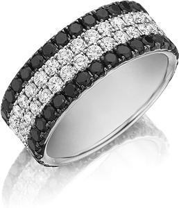 This diamond band features 4 rows of pave set black and white diamo...