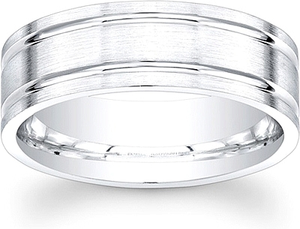 This men's wedding band has a satin finish with high polished grooves.
