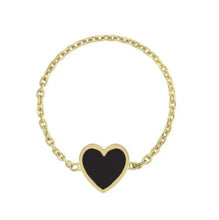 14k Yellow Gold Mini Enamel Heart Chain Ring - black