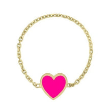 14k Yellow Gold Mini Enamel Heart Chain Ring - hot pink