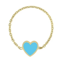 14k Yellow Gold Mini Enamel Heart Chain Ring - aqua