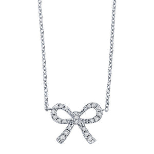 Diamond Mini Bow Necklace in 14k White Gold with 22 Diamonds weighi...
