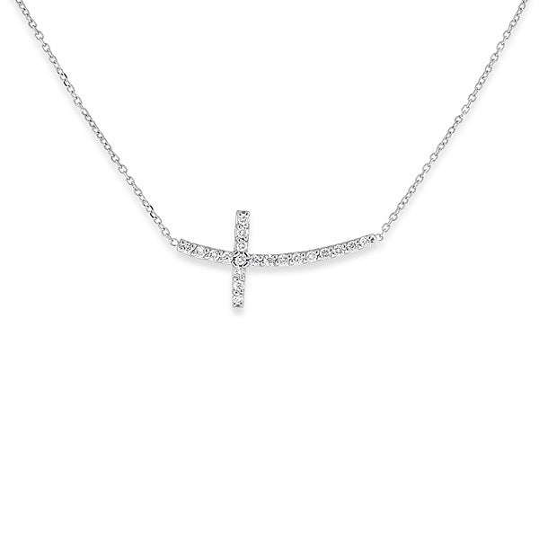 Diamond Curved Sideways Cross Necklace in 14k White Gold with 20 Di...