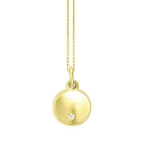 This necklace features a gold disc with a .01ct round brilliant cut...