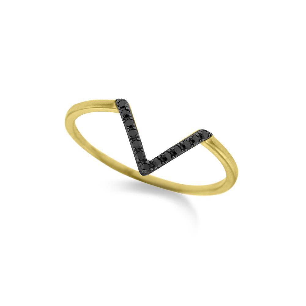 14k Yellow Gold Black Diamond V Ring