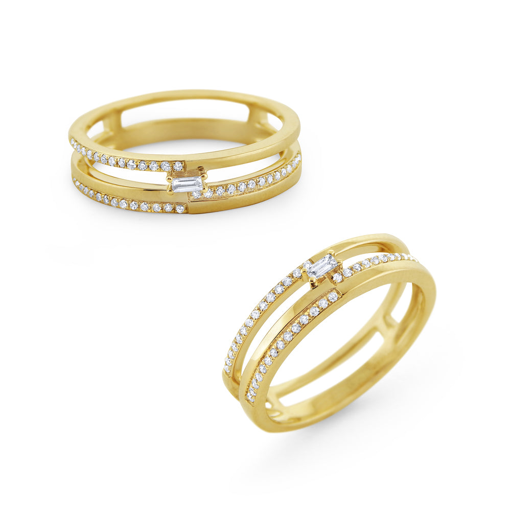 This diamond ring features three rows of round brilliant cut diamon...