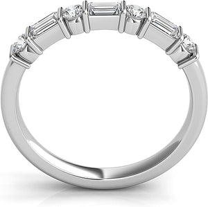 Alternating round and baguette diamonds are bar set in this classic...