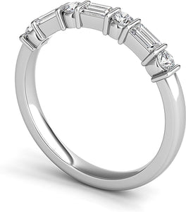 Alternating round and baguette diamonds are bar set in this classic...