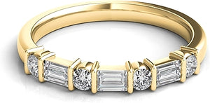 Alternating round and baguette diamonds are bar set in this classic...