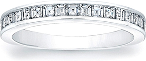 This sleek wedding band design features 17 square emerald cuts that...