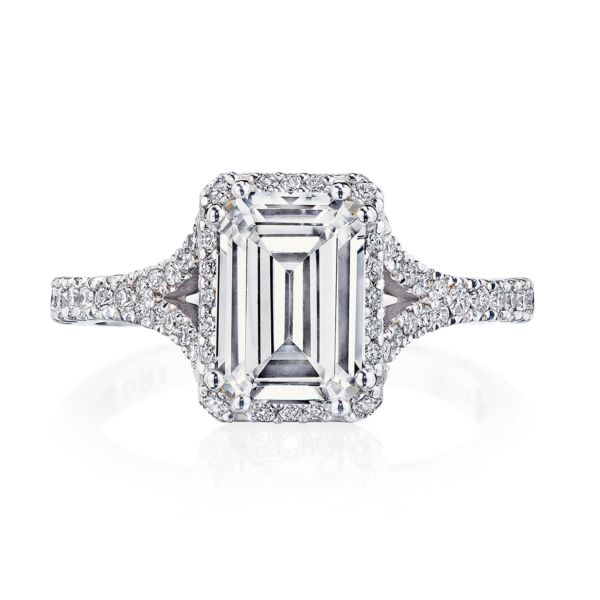 Emerald cut halo split shank engagement rings top
