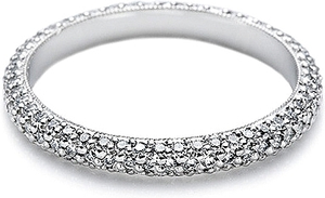 Straight diamond wedding band is pictured with hand-set round pave ...