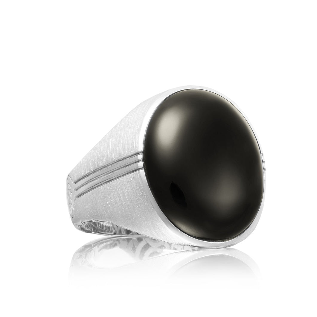 Look sharp in this silver Black Onyx gemstone ring. Oval in shape a...
