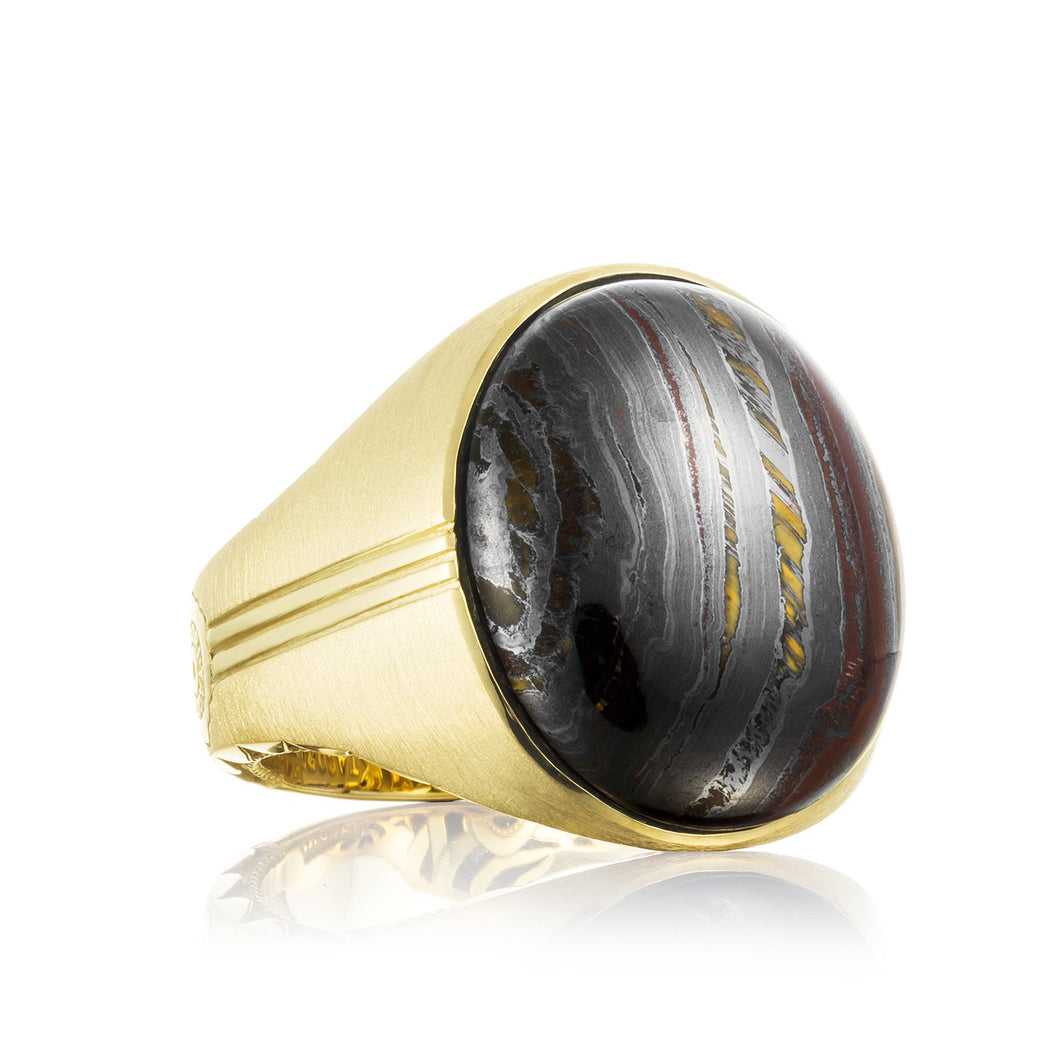 Go bold in gold with this sharp Tiger Iron gemstone ring. Oval in s...