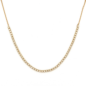 This 14k yellow gold necklace features round brilliant cut diamonds...