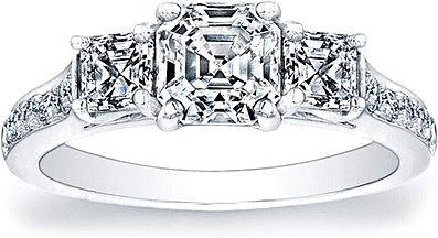 Three Stone Asscher Cut Diamond Ring w/ Pave Accents