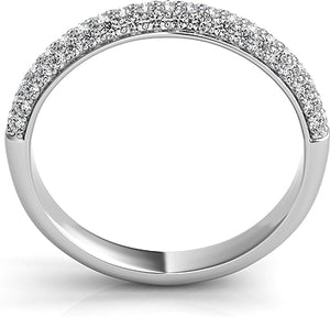 Three rows of round brilliant cut pave-set diamonds go half way aro...