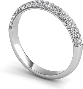 Three rows of round brilliant cut pave-set diamonds go half way aro...