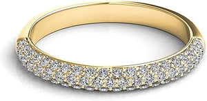 Three rows of round brilliant cut pave-set diamonds go half way aro...