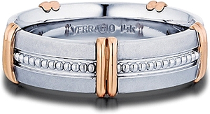 This men's wedding band by Verragio features rose gold shoulder acc...